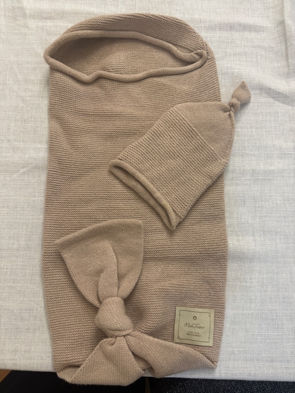 Neutral Beige Knitted Baby Hat & Swaddle Set by